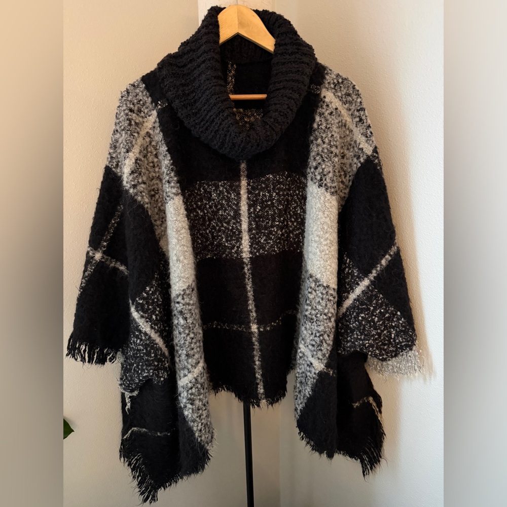 Black & Gray Plaid Poncho Sweater | Cowl Neck | Fringe Trim | One Size